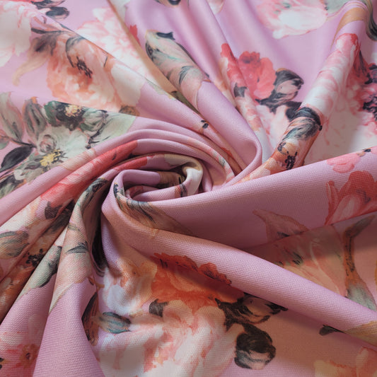 Pastel Pink Floral Scuba Crepe Fabric – Soft & Stretchy Floral Print By Meter