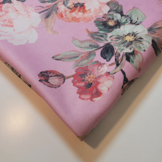 Pastel Pink Floral Scuba Crepe Fabric – Soft & Stretchy Floral Print By Meter