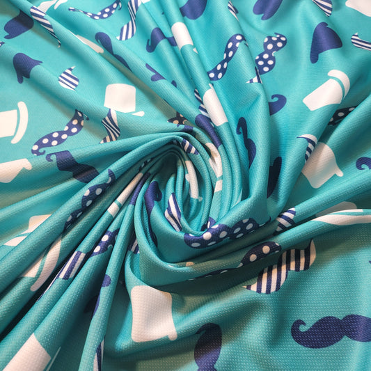 Playful Mustache & Hat Scuba Crepe Fabric – Stretchy Teal Print by the Meter