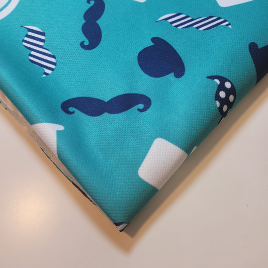 Playful Mustache & Hat Scuba Crepe Fabric – Stretchy Teal Print by the Meter