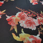 Elegant Coral & Yellow Floral Scuba Crepe Fabric – Dark Background, Stretchy & Soft by the Meter