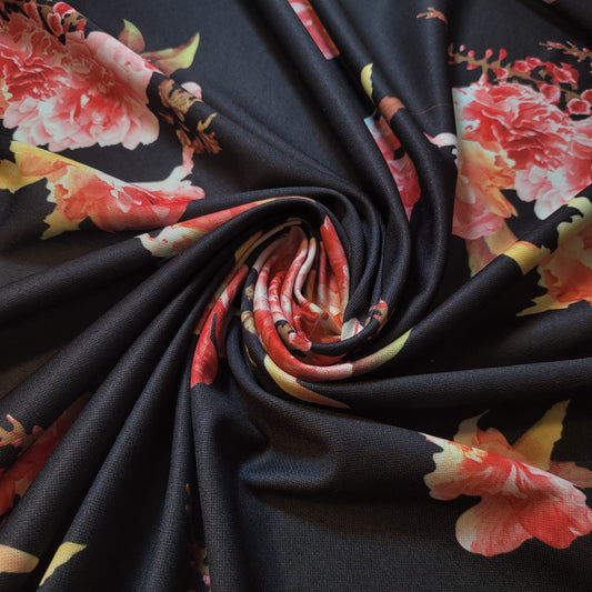 Elegant Coral & Yellow Floral Scuba Crepe Fabric – Dark Background, Stretchy & Soft by the Meter