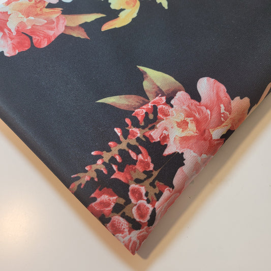 Elegant Coral & Yellow Floral Scuba Crepe Fabric – Dark Background, Stretchy & Soft by the Meter