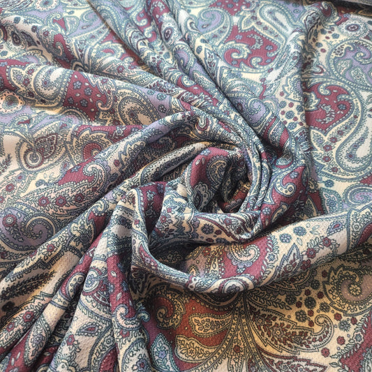 Vintage Paisley Scuba Crepe Fabric – Burgundy & Blue Pattern by the Meter