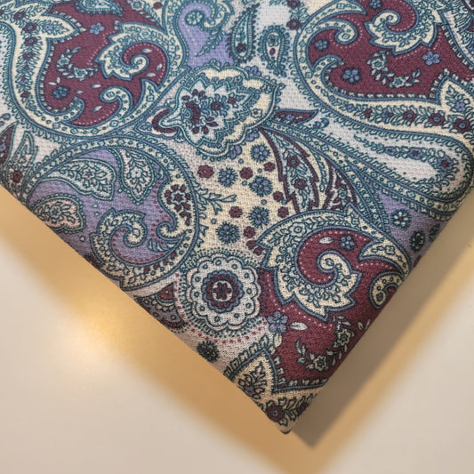 Vintage Paisley Scuba Crepe Fabric – Burgundy & Blue Pattern by the Meter