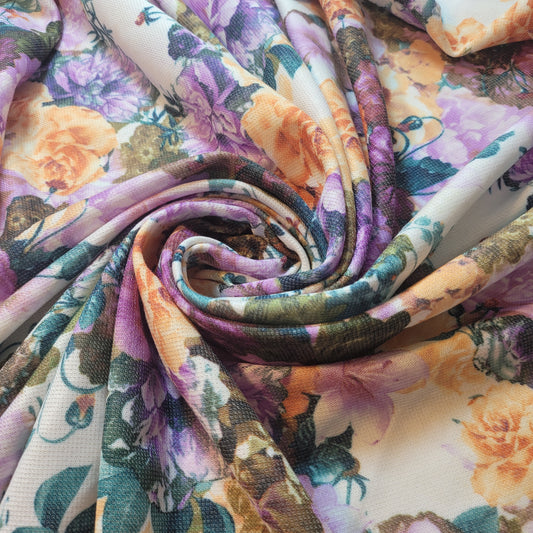Floral Jersey Knit Fabric – Soft Stretch Fabric with Purple & Orange Flowers By Meter
