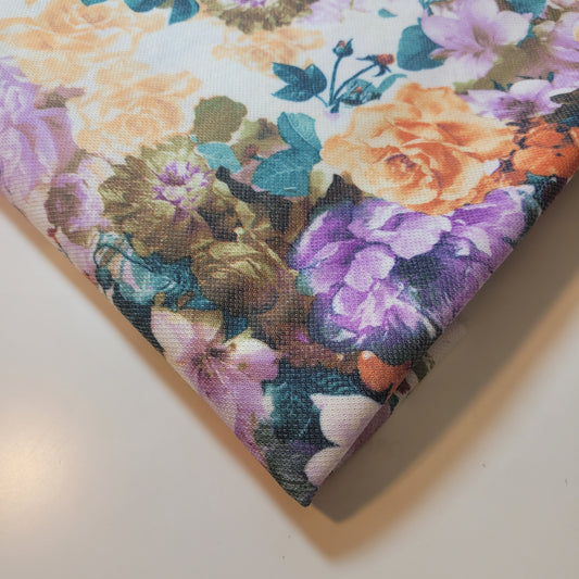 Floral Jersey Knit Fabric – Soft Stretch Fabric with Purple & Orange Flowers By Meter