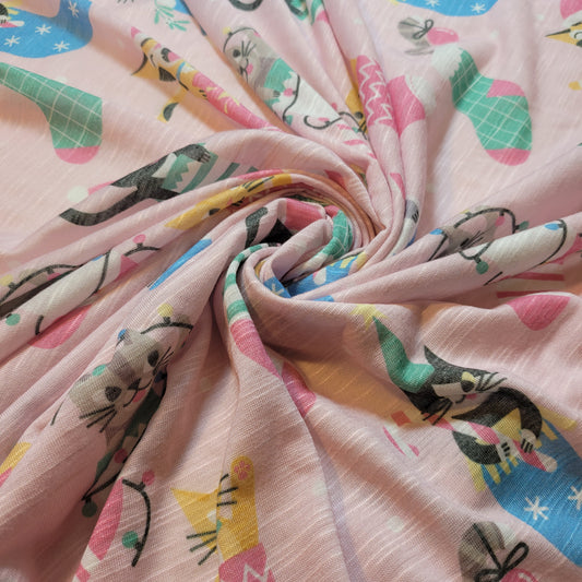 Christmas Cats in Stockings Cotton Jersey Fabric – 58" Wide (Sold by the Meter)