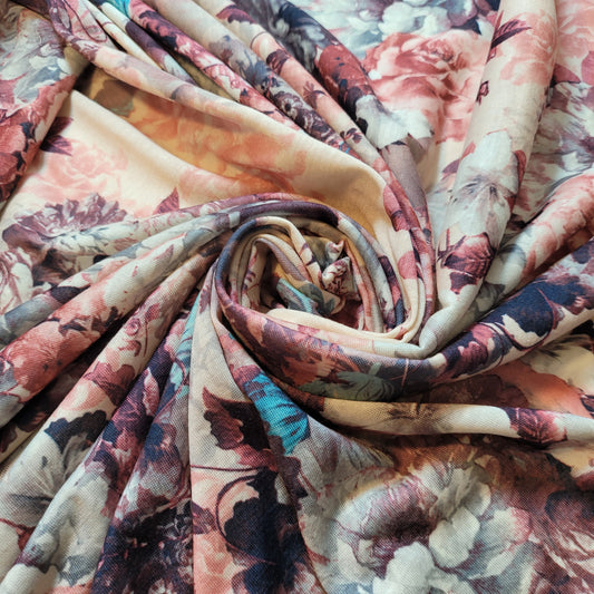 Vintage Floral Cotton Jersey Fabric – Blush & Teal Bloom Print, 58" Wide (Sold by the Meter)