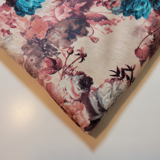 Vintage Floral Cotton Jersey Fabric – Blush & Teal Bloom Print, 58" Wide (Sold by the Meter)