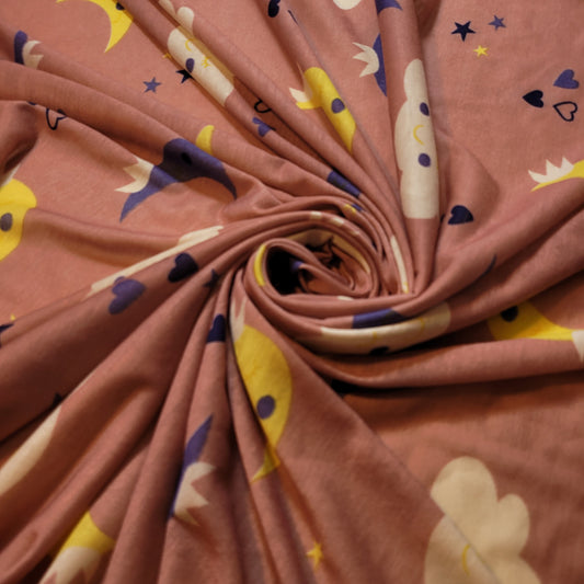 Dreamy Moon & Cloud Cotton Jersey Fabric – Mauve Pink, 58" Wide (Sold by the Meter)