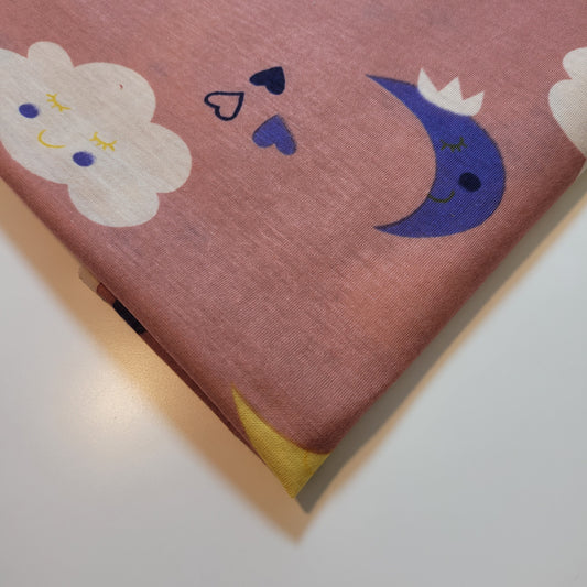 Dreamy Moon & Cloud Cotton Jersey Fabric – Mauve Pink, 58" Wide (Sold by the Meter)