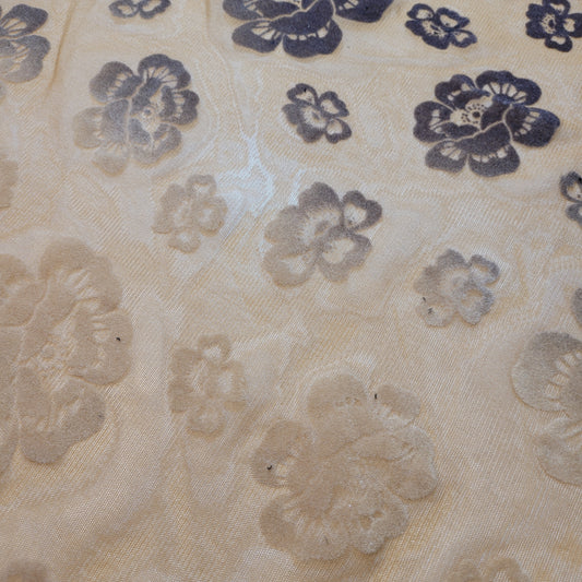 Floral Flocked Power Mesh Fabric – Stretch Sheer Knit – Mustard & Brown – 58" Wide (Sold by the Meter)