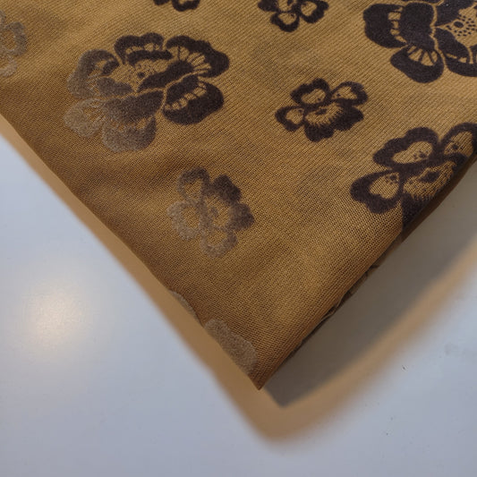 Floral Flocked Power Mesh Fabric – Stretch Sheer Knit – Mustard & Brown – 58" Wide (Sold by the Meter)