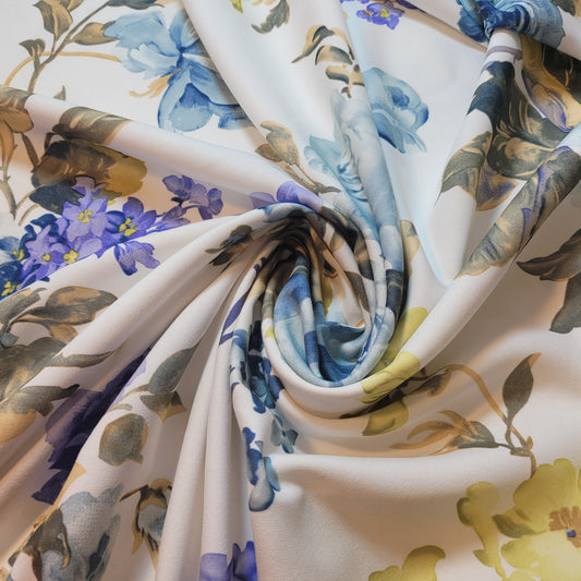 Blue & Yellow Floral Stretch Jersey Fabric – Soft Knit – 60" Wide (Sold by the Meter)