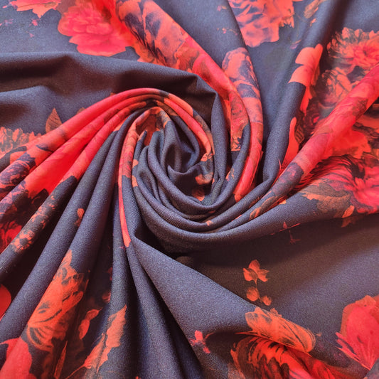 Pink & Red Floral on Navy Jersey Fabric – Stretch Knit – 60" Wide (Sold by the Meter)