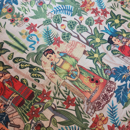 Jungle Frida Digital Print Faux Raw Silk Fabric Dress Craft Quilting Material 44" By Meter