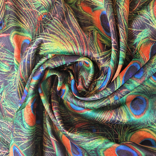 Peacock Feathers Digital Print Faux Raw Silk Fabric Dress Craft Quilting Material 44" By Meter