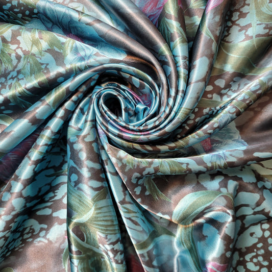 Floral Leopard Turquoise Printed Satin Fabric 58" Wide – By the Meter, Dress & Draping Material