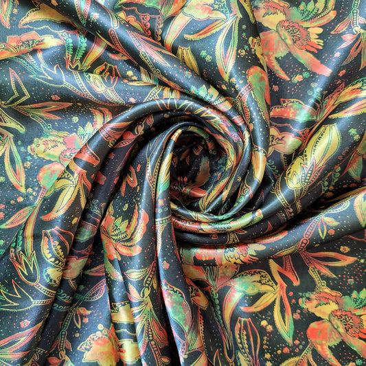Yellow Tropical Floral Printed Satin Fabric 58" Wide – By the Meter, Dress & Draping Material