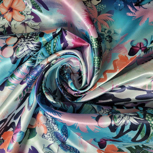 Floral Butterfly Printed Satin Fabric 58" Wide – By the Meter, Dress & Draping Material