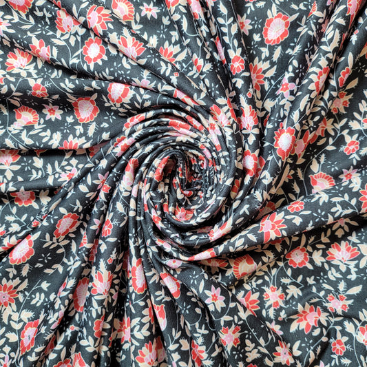Black Floral Viscose Dead Stock Jersey Stretch Fabric Dress Craft Costume Material 58" By Meter