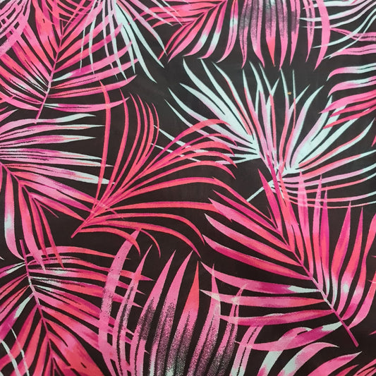 Black Pink Tropical Leaves Crepe Material Dress Craft Decor Fabric 44" By The Meter