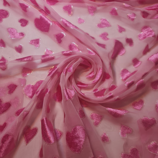 Pink Sheer Heart Fabric – Sparkly Valentine’s Chiffon Devore  Dress Craft Costume Material 44" by the Meter