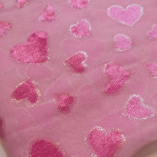 Pink Sheer Heart Fabric – Sparkly Valentine’s Chiffon Devore  Dress Craft Costume Material 44" by the Meter