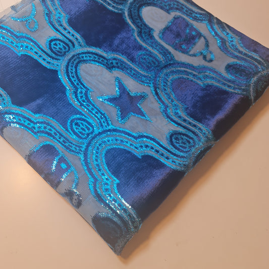 Blue Metallic Star Velvet Fabric – Shiny Foil Cosmic Pattern Chiffon Devore Dress Craft Costume Material 44" by the Meter (Copy)
