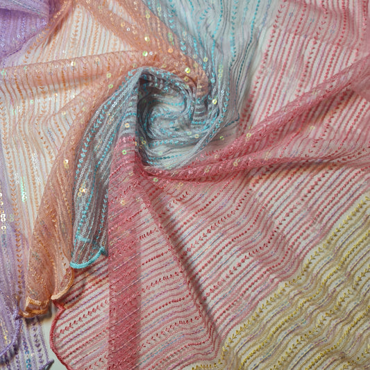 Zitronen-/Korallenfarbener Pailletten-Dekorstoff, neuartiges Netz, Bling Pride, Hochzeitskleid-Material, 111,8 cm, Meterware