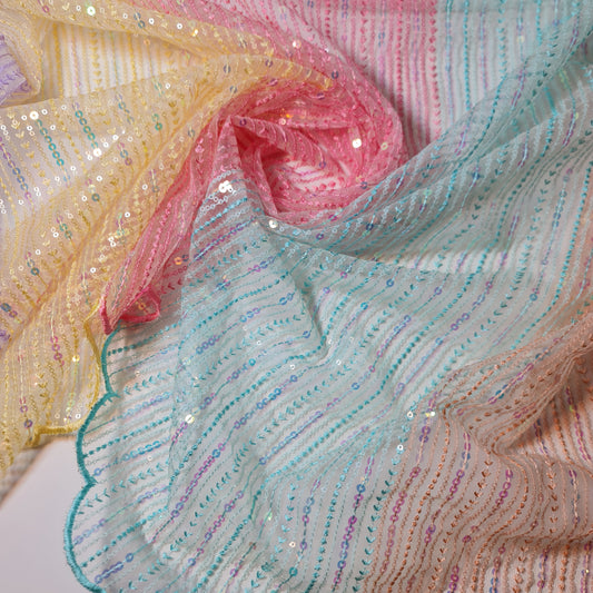 Türkis/Pfirsich, Multi Pailletten Dekor Stoff Neuheit Mesh Bling Pride Hochzeitskleid Material 44" Meterware