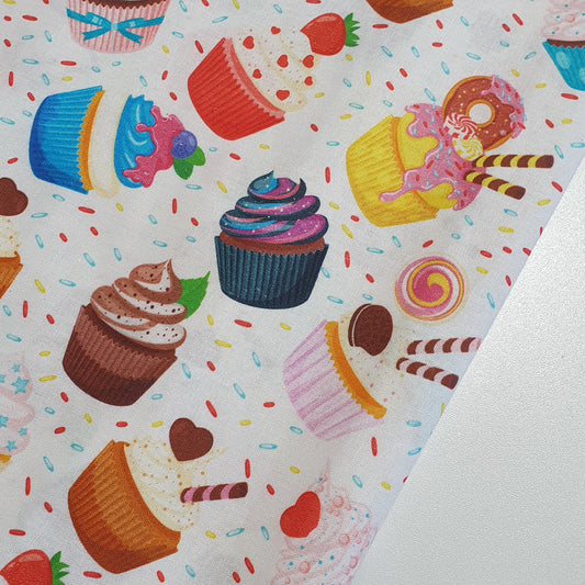 Cup Cakes 100% Cotton fabric Sweets Fruits, Treats & Macarons 44” wide perfect for Quilting, Crafts, Kidswear