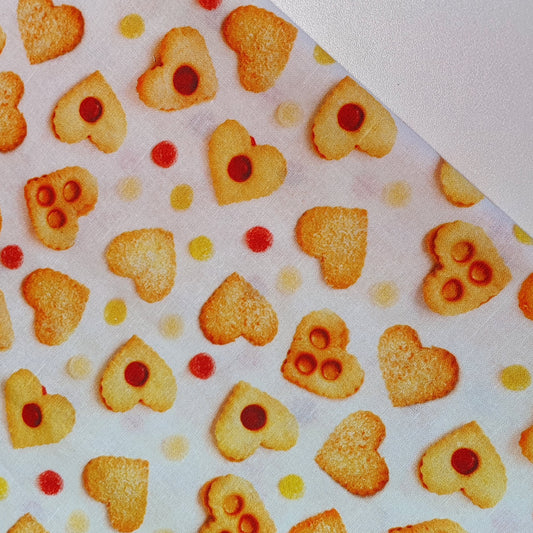 Biscuit Hearts 100% Cotton fabric Sweets Fruits, Treats & Macarons 44” wide perfect for Quilting, Crafts, Kidswear