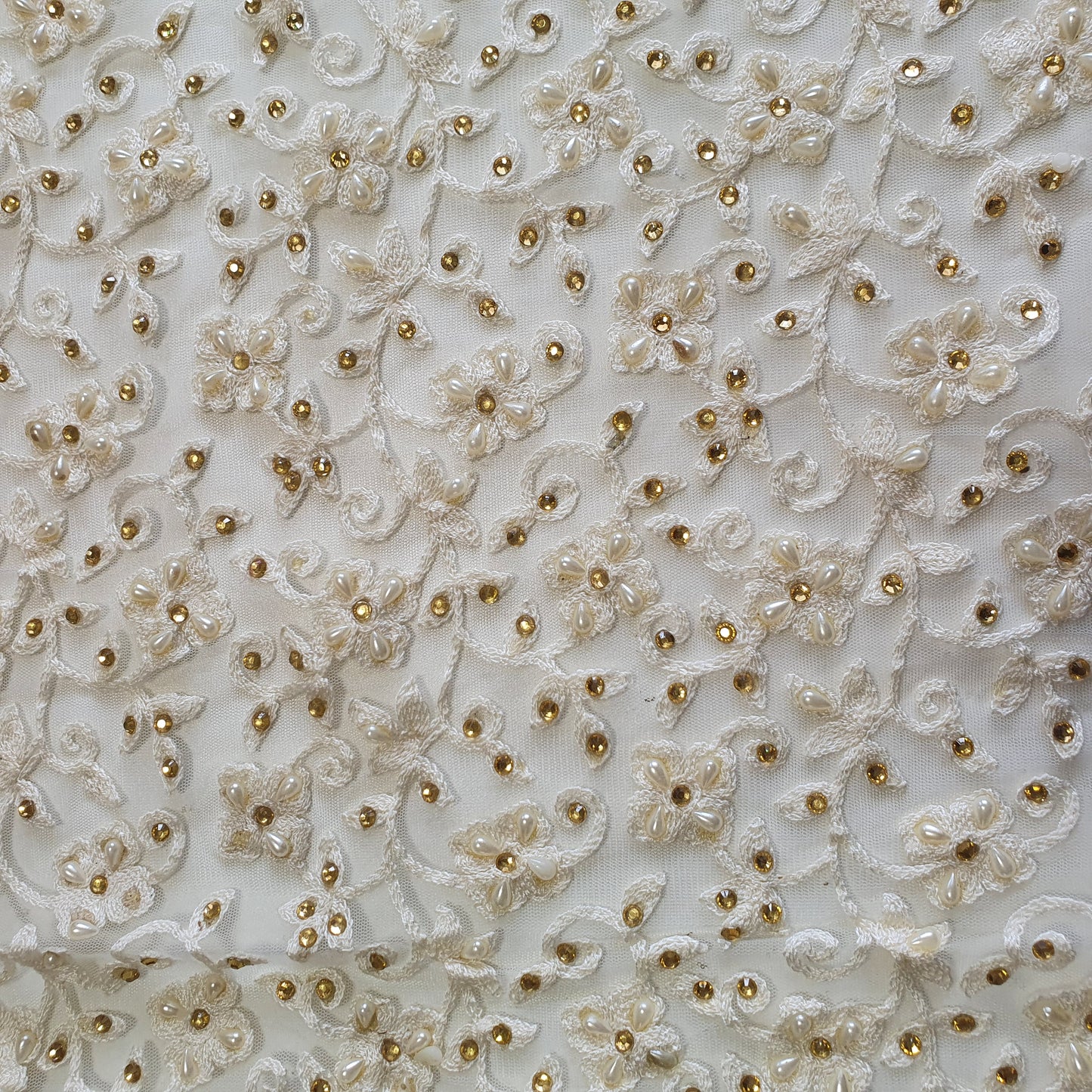 IVORY FLORAL Premium Mesh Net Material Floral Diamante Embroidery Dress Craft Fabric 44" By Meter