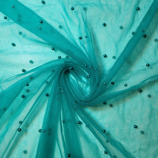 Jade Green Pearl Beaded Soft Tulle Mesh Fabric Embellished Net Material 58" Wide By The Meter