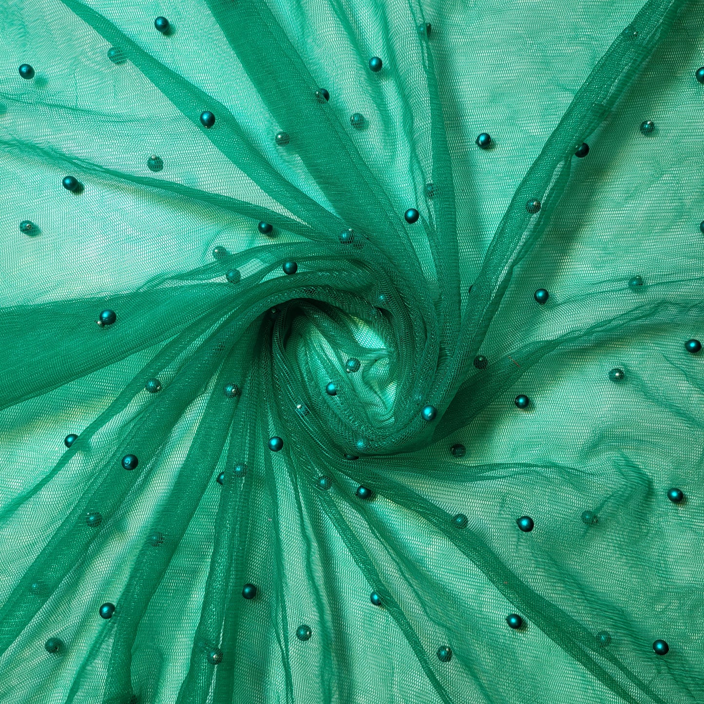 Emerald Green Pearl Beaded Soft Tulle Mesh Fabric Embellished Net Material 58" Wide By The Meter