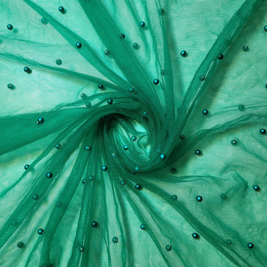Emerald Green Pearl Beaded Soft Tulle Mesh Fabric Embellished Net Material 58" Wide By The Meter