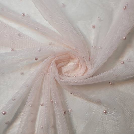 Blush Pink Pearl Beaded Soft Tulle Mesh Fabric Embellished Net Material 58" Wide By The Meter