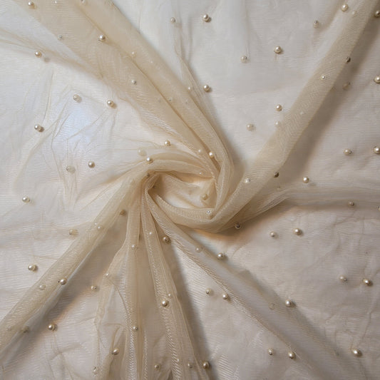 Light Beige Pearl Beaded Soft Tulle Mesh Fabric Embellished Net Material 58" Wide By The Meter