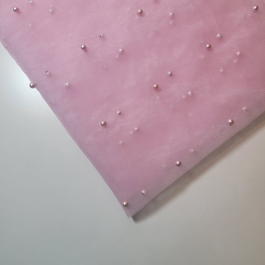Baby Pink Pearl Beaded Soft Tulle Mesh Fabric Embellished Net Material 58" Wide By The Meter