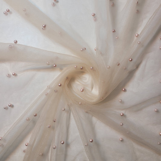 Nude Blush Pearl Beaded Soft Tulle Mesh Fabric Embellished Net Material 58" Wide By The Meter