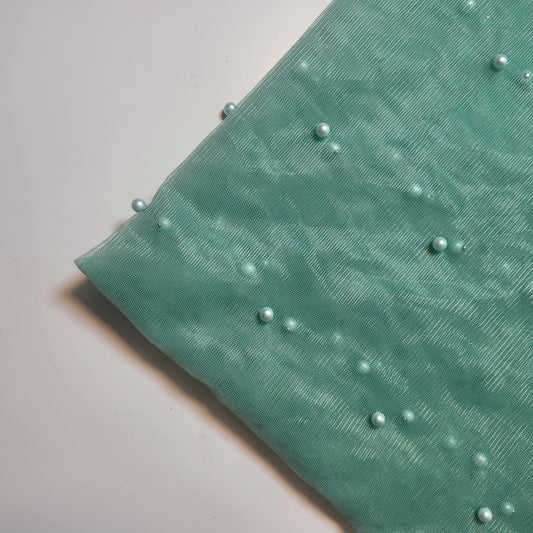 Sea Green Pearl Beaded Soft Tulle Mesh Fabric Embellished Net Material 58" Wide By The Meter