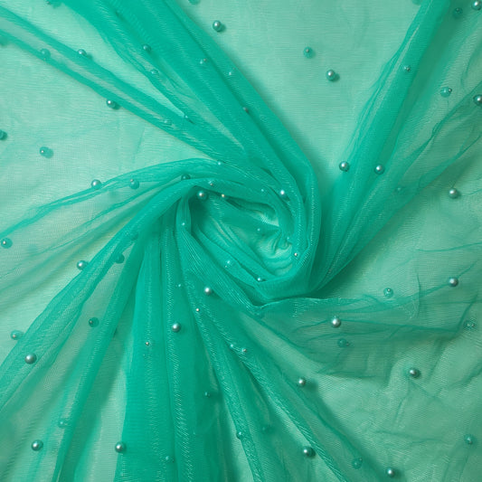 Mint Green Pearl Beaded Soft Tulle Mesh Fabric Embellished Net Material 58" Wide By The Meter