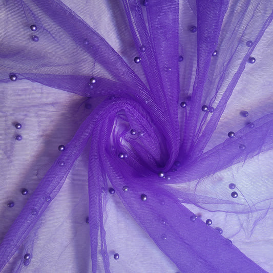 Purple Pearl Beaded Soft Tulle Mesh Fabric Embellished Net Material 58" Wide By The Meter