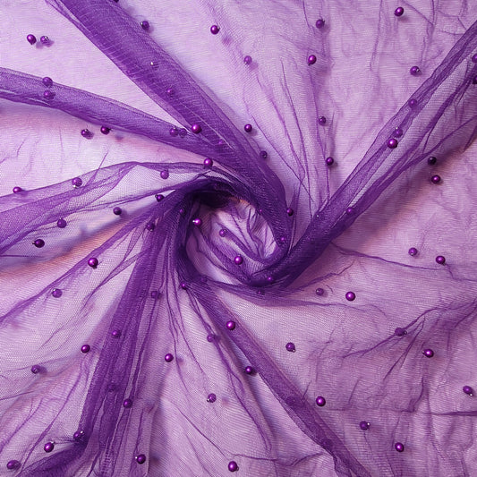 Deep Purple Pearl Beaded Soft Tulle Mesh Fabric Embellished Net Material 58" Wide By The Meter
