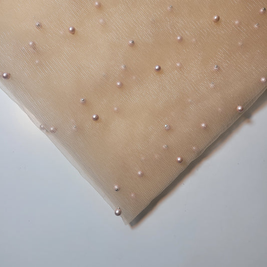 Nude Beige Pearl Beaded Soft Tulle Mesh Fabric Embellished Net Material 58" Wide By The Meter