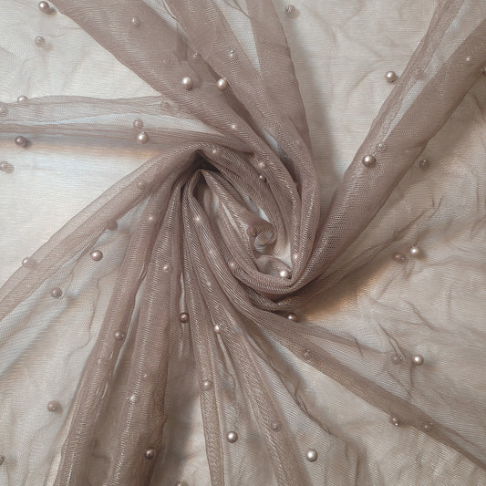 Taupe Beige Pearl Beaded Soft Tulle Mesh Fabric Embellished Net Material 58" Wide By The Meter