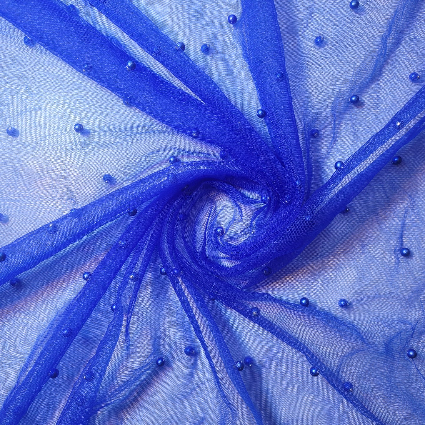 Royal Blue Pearl Beaded Soft Tulle Mesh Fabric Embellished Net Material 58" Wide By The Meter