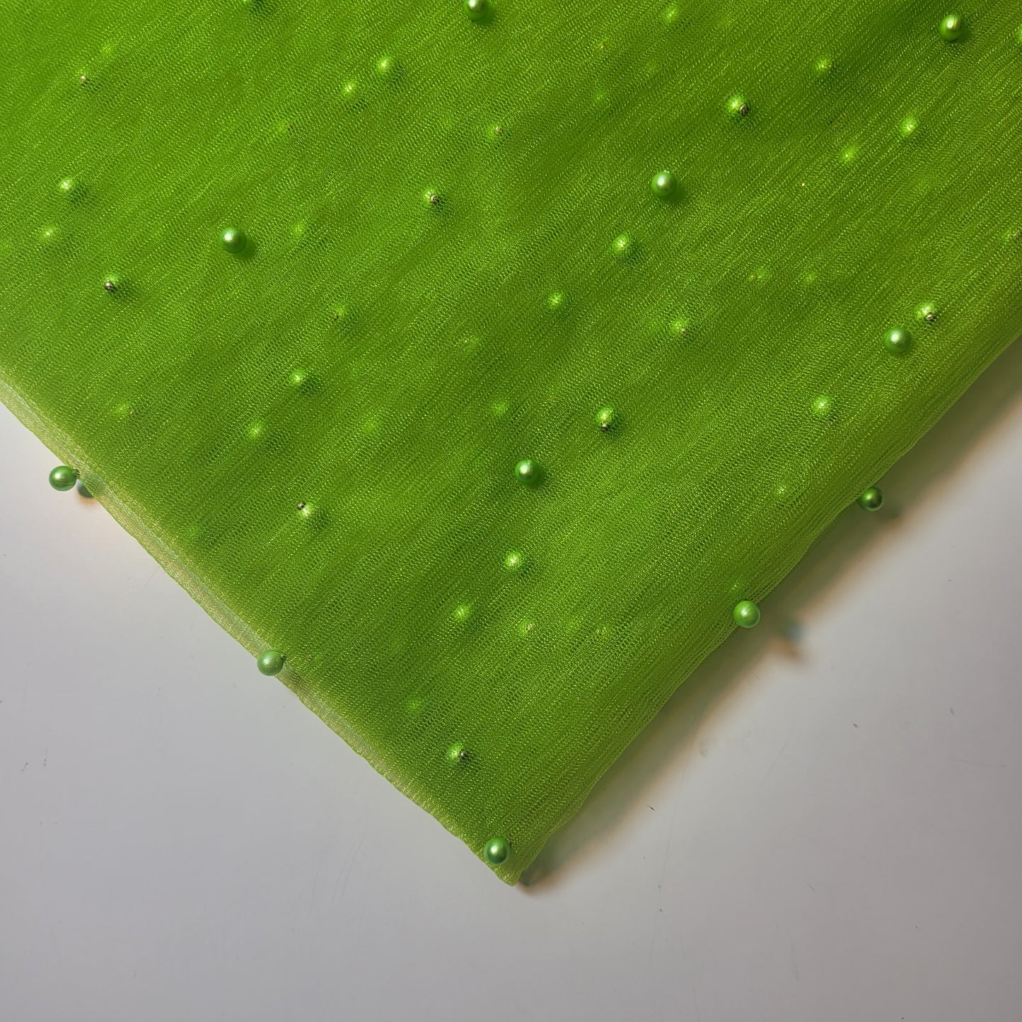 Lime Green Pearl Beaded Soft Tulle Mesh Fabric Embellished Net Material 58" Wide By The Meter